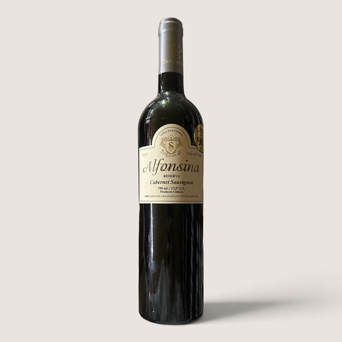 Botella de vino tinto Mi tienda Alfonsina Reserva Cabernet Sauvignon del Valle del Maule, Chile, de 750 ml.